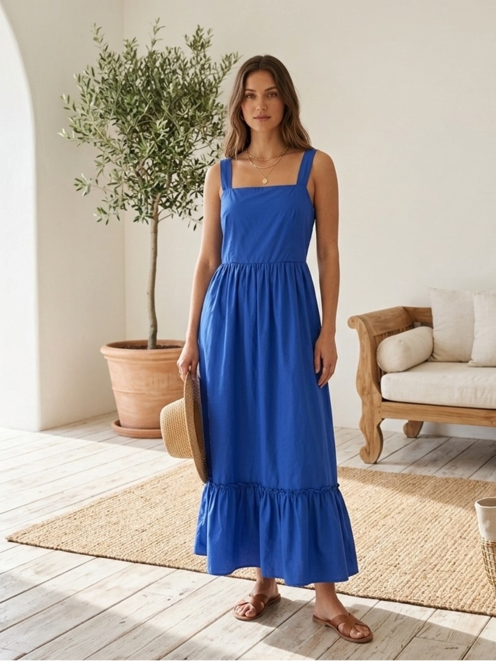 Who What Wear Coastal Resort Blue Cotton Tiered Maxi Dress